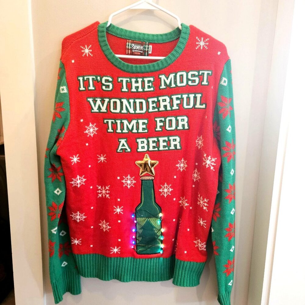 Spencers Mens Medium Christmas Sweater Most Wonderful Time For Beer LED Lights
